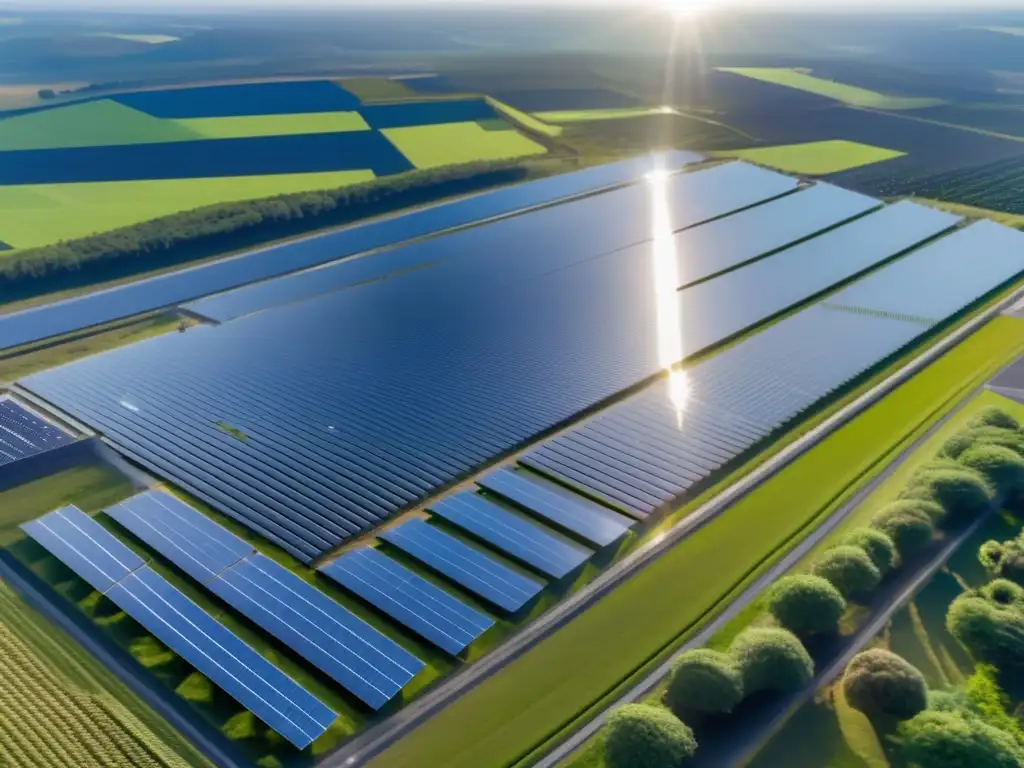 Una impresionante imagen ultradetallada en 8k de una moderna planta solar, resaltando su diseño elegante