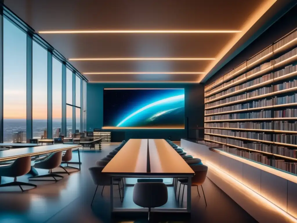Biblioteca digital futurista: tecnología y conocimiento al alcance de todos Una impresionante imagen ultradetallada en 8k muestra una moderna biblioteca llena de elegantes estanterías futuristas