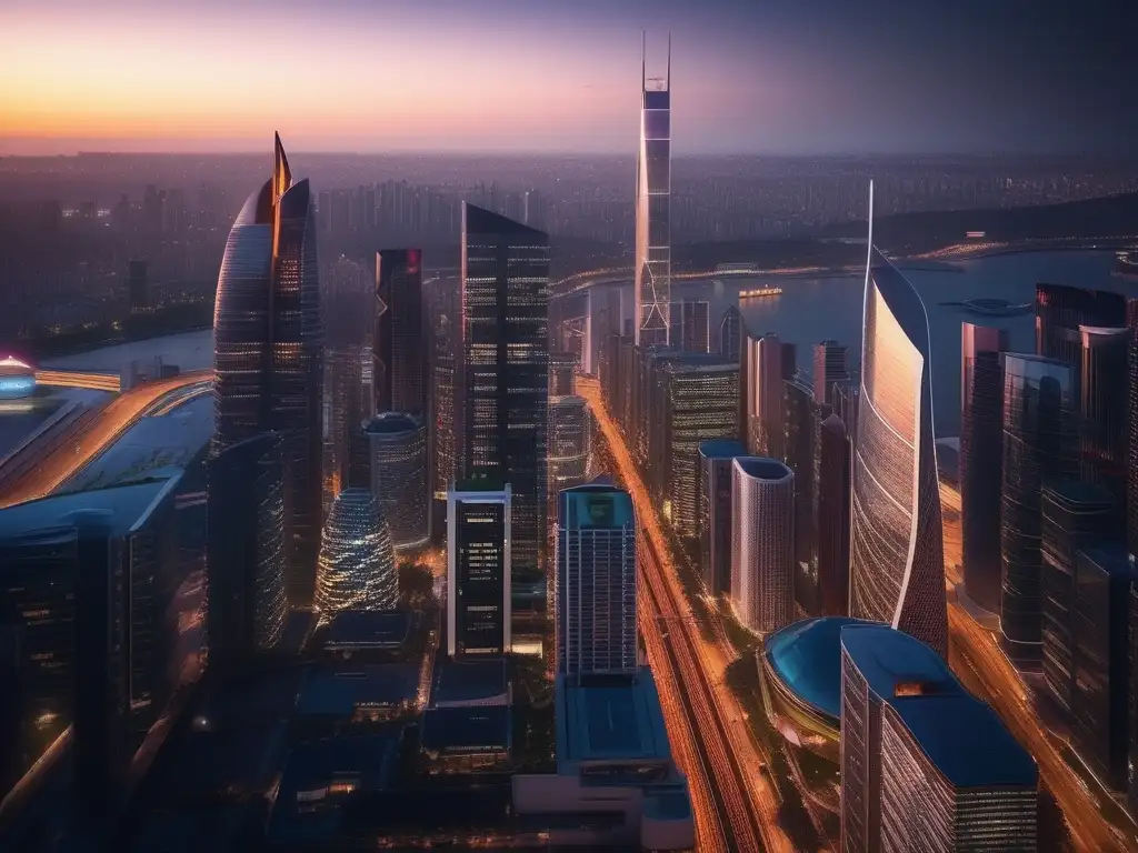 Una impresionante imagen ultradetallada en 8k que muestra un skyline moderno de una ciudad al anochecer