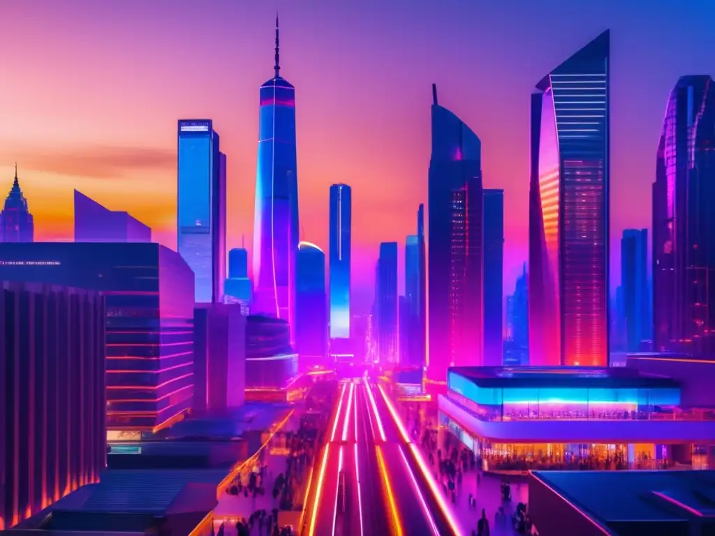 Una impresionante imagen ultradetallada en 8k de un vibrante paisaje urbano futurista al atardecer