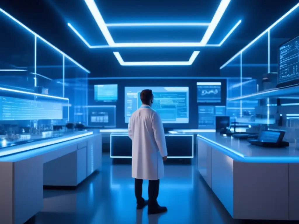 Un impresionante laboratorio futurista en 8k, bañado en suave iluminación azul