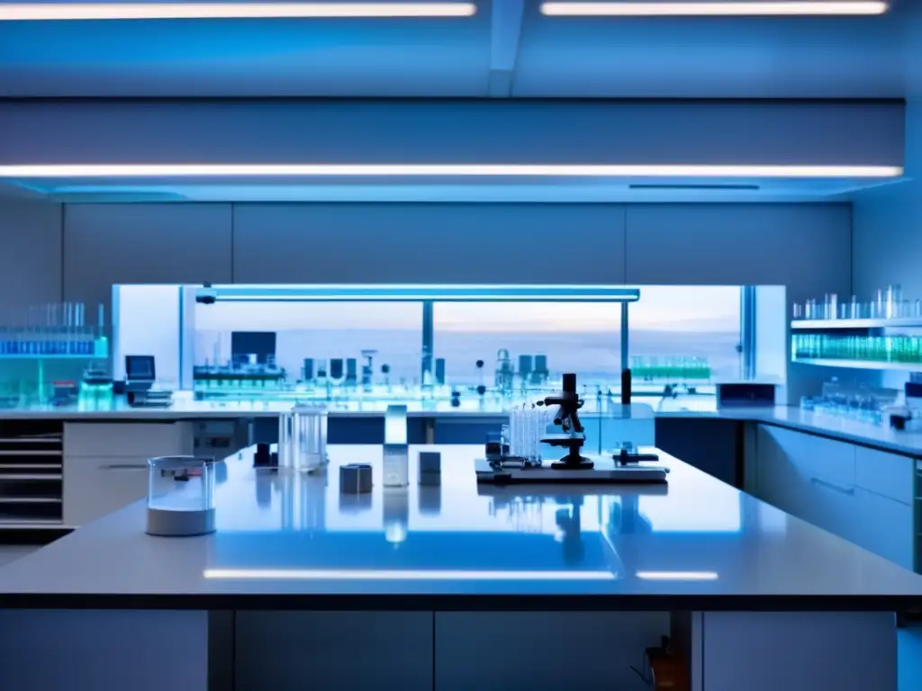 Un impresionante laboratorio moderno iluminado suavemente, con una mesa blanca impecable y diversos utensilios científicos