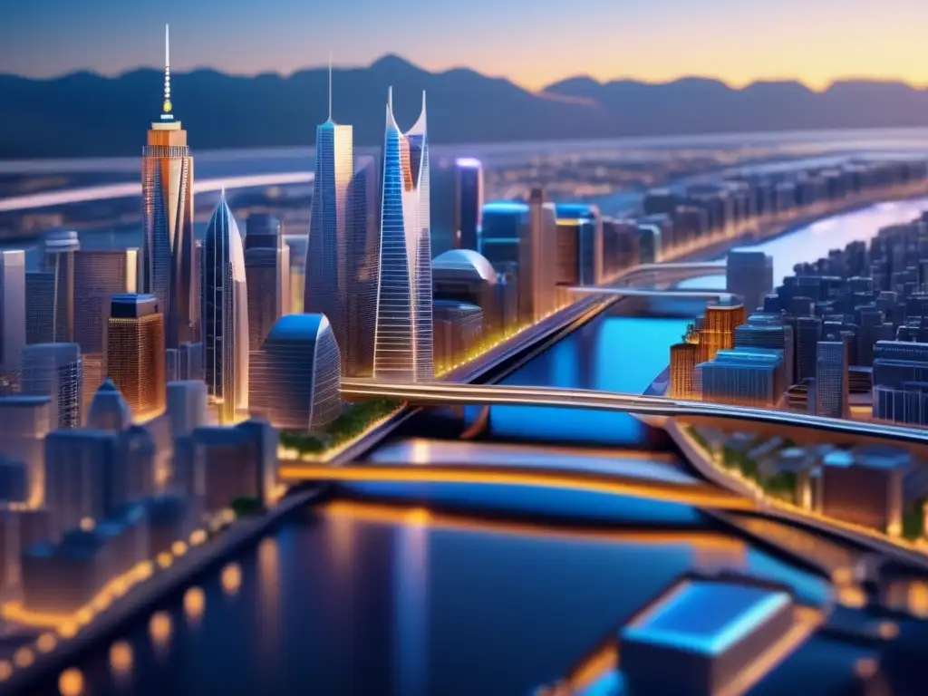 Un impresionante modelo en 3D muestra una ciudad vibrante con rascacielos, puentes elegantes y calles llenas de vida