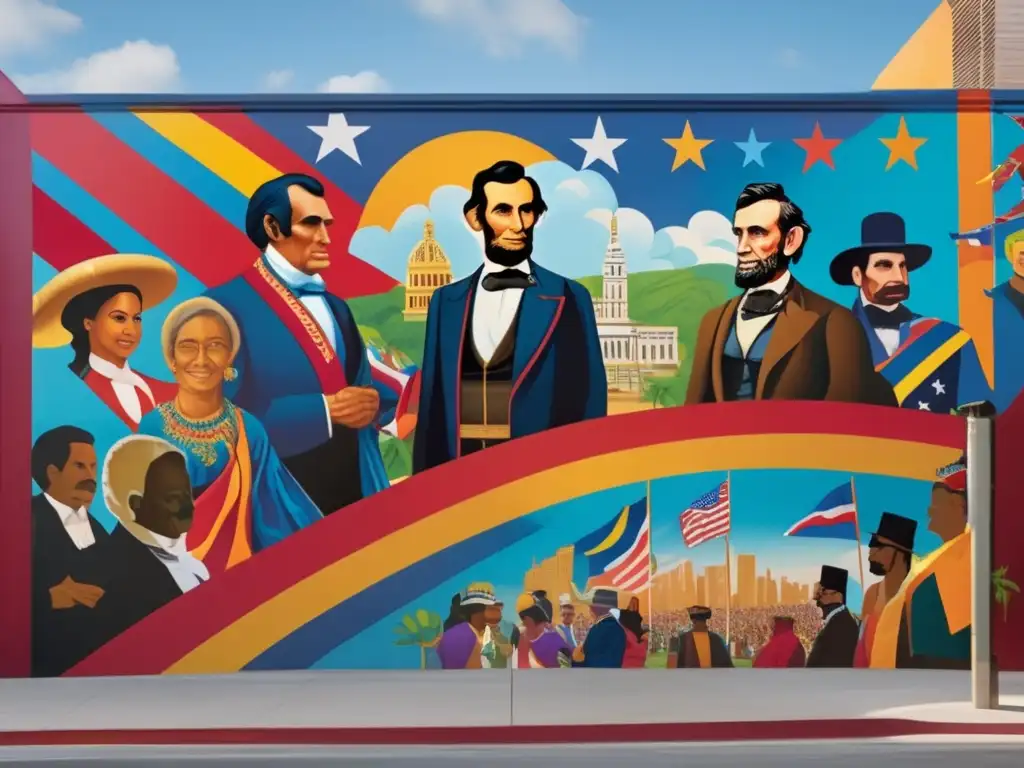 Un impresionante mural que fusiona la historia de América Latina y Estados Unidos, con figuras como Simón Bolívar y Abraham Lincoln