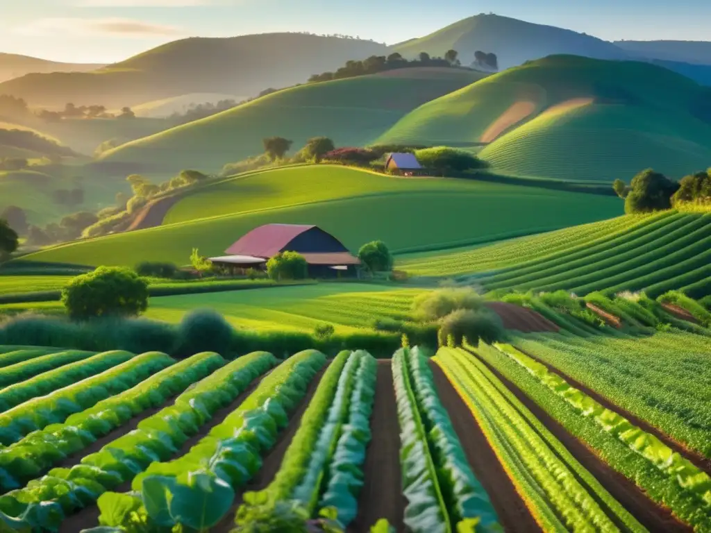 Un impresionante paisaje muestra una granja orgánica moderna y vibrante bañada por la cálida luz dorada