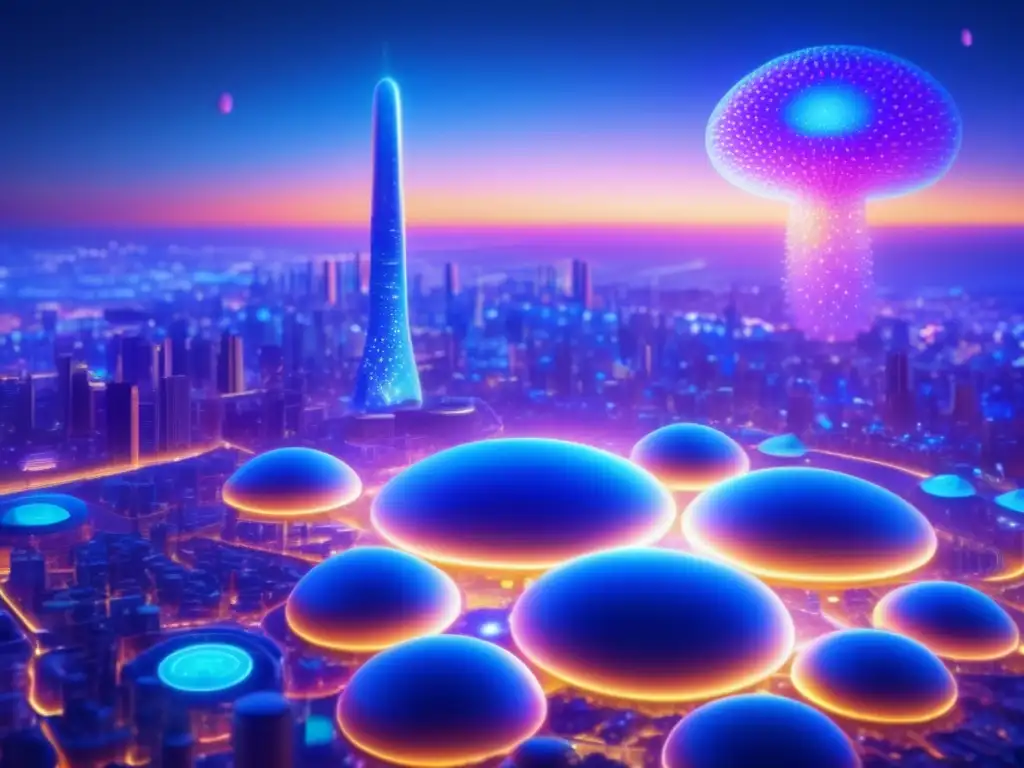 Un impresionante paisaje urbano celular en 8k, lleno de vida y color, iluminado por una red de luces bioquímicamente inspiradas