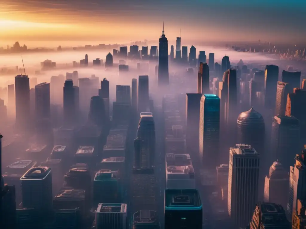 Un impresionante paisaje urbano 8k muestra una ciudad llena de vida envuelta en una densa capa de smog