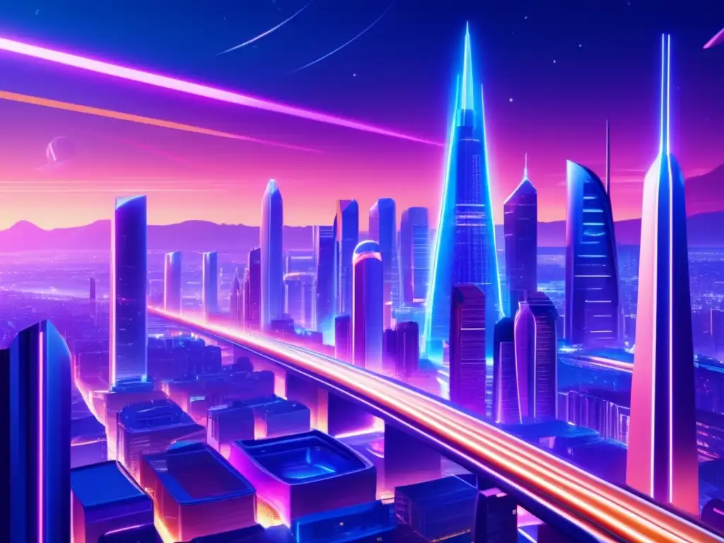 Un impresionante paisaje urbano europeo moderno de estilo fantástico en 8k, con arquitectura futurista y luces de neón