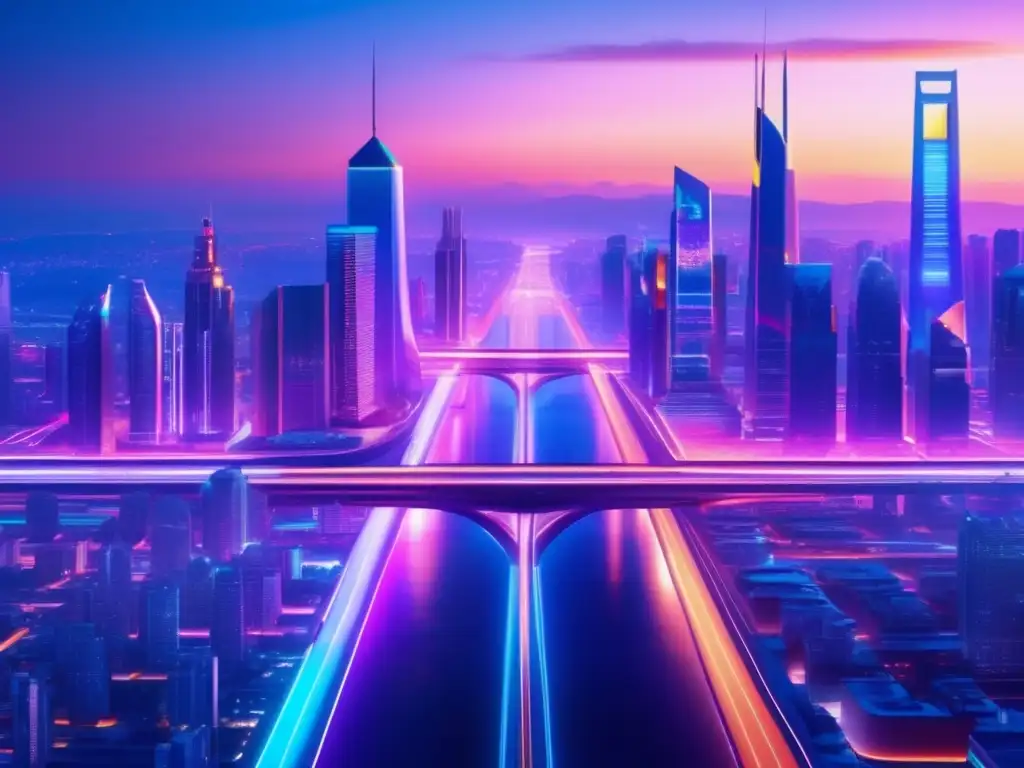 Un impresionante paisaje urbano futurista al atardecer, con edificios modernos y patrones geométricos iluminados por luces vibrantes