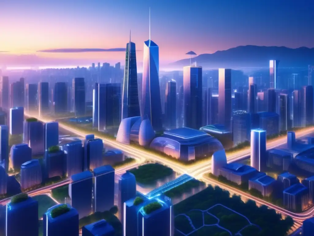 Un impresionante paisaje urbano futurista al anochecer en 8k, con modernos rascacielos iluminados y exuberante vegetación