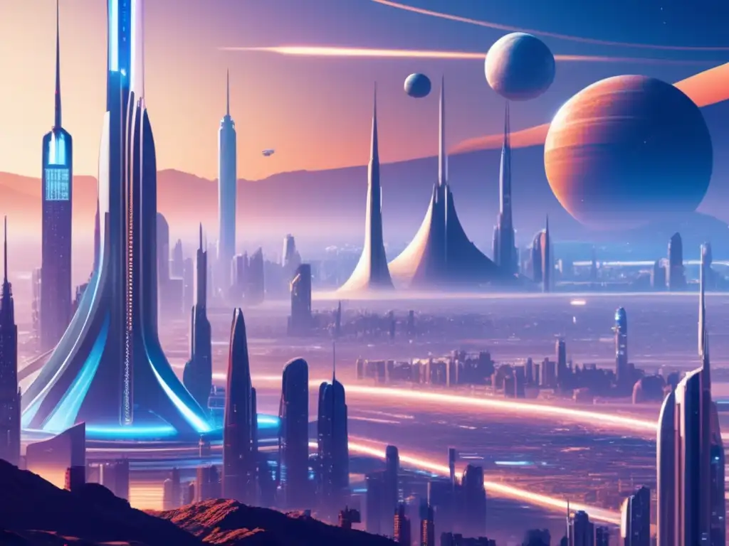 Un impresionante paisaje urbano futurista en un planeta distante, lleno de rascacielos metálicos y naves espaciales avanzadas