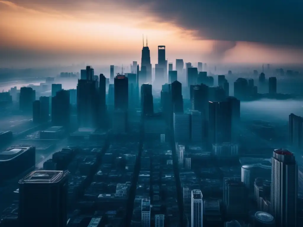 Un impresionante paisaje urbano en 8k, con rascacielos imponentes envueltos en una niebla tóxica