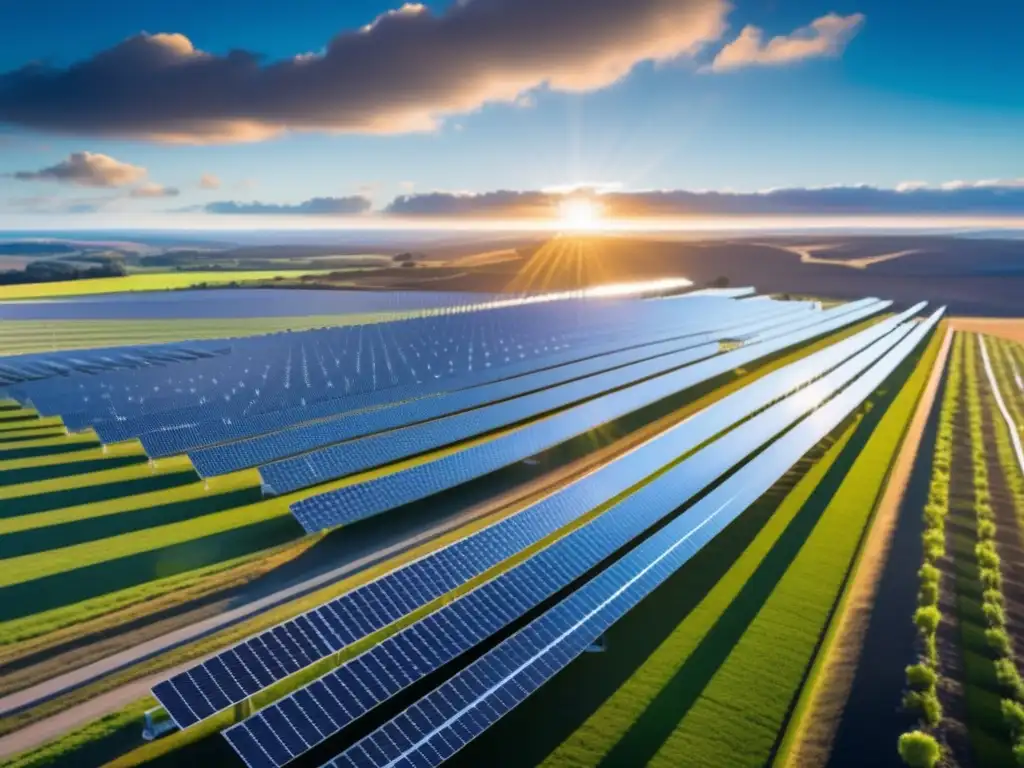 Un impresionante panorama de una granja solar futurista se extiende por un vasto paisaje