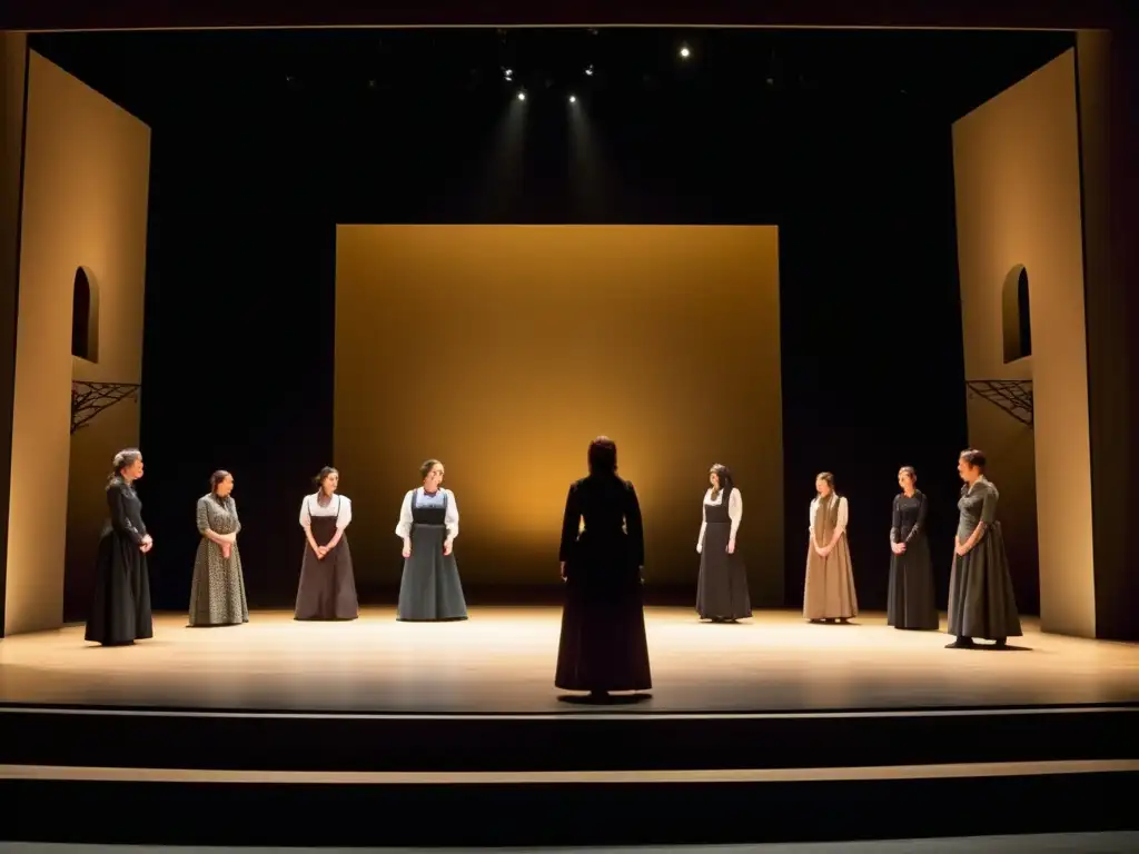 Una impresionante producción teatral de 'La Casa de Bernarda Alba' con iluminación impactante, escenografía dramática y actuaciones intensas