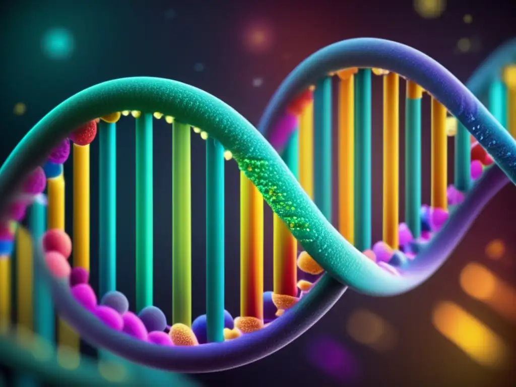 Una impresionante representación visual de la función de los microRNAs en la regulación génica, con una estructura de ADN en colores vivos y microARNs interactuando con secuencias génicas específicas