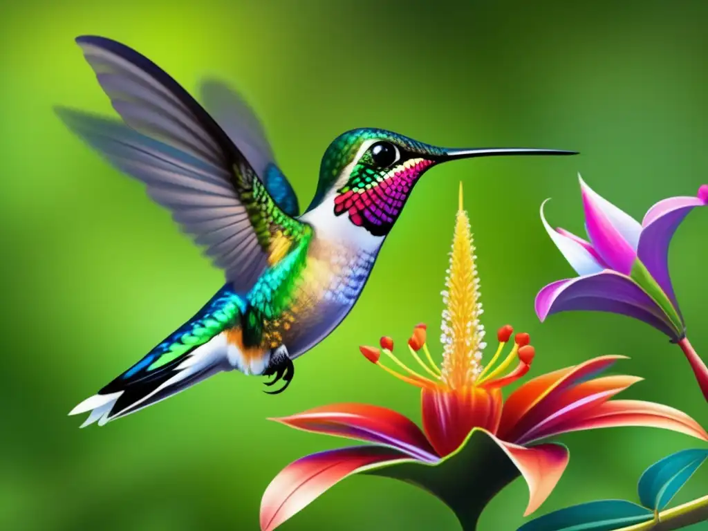 Un impresionante retrato de la coevolución entre un colibrí y una flor en un exuberante escenario tropical