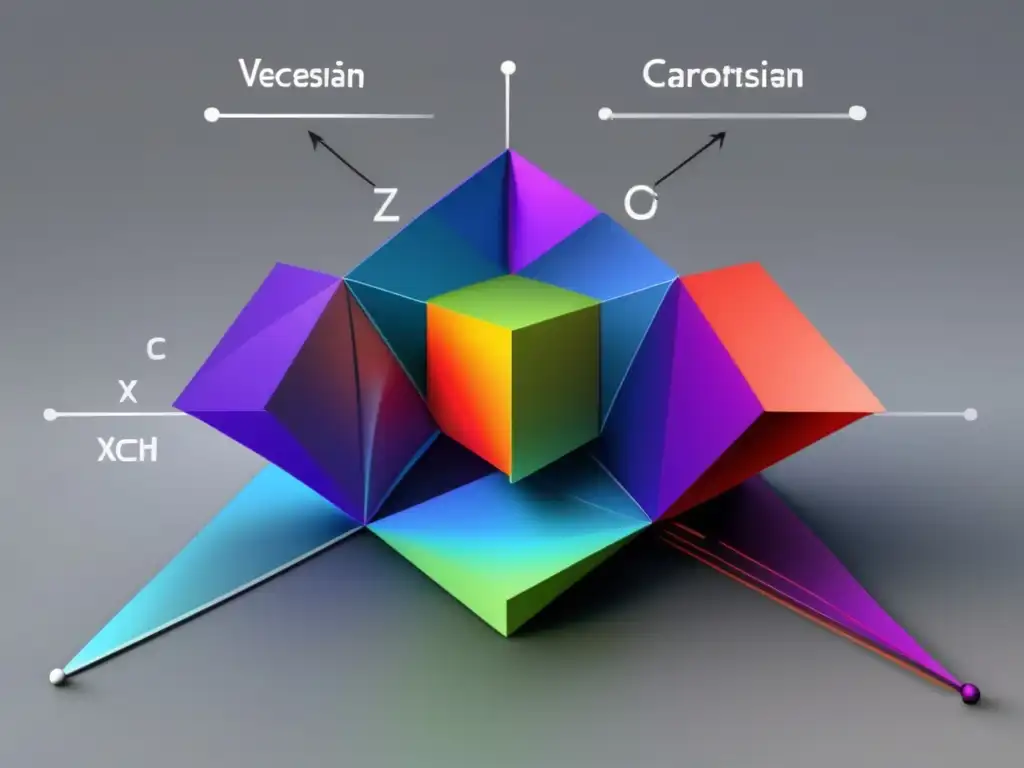 Un impresionante sistema de coordenadas tridimensional con vectores que representan diversas transformaciones