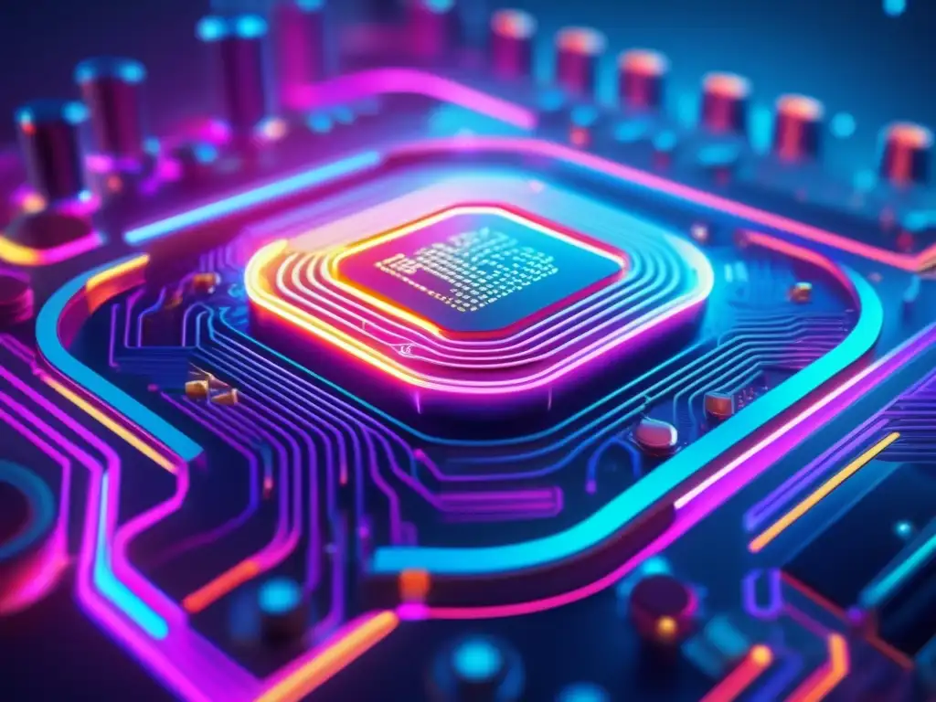 Un impresionante tablero de circuito futurista, diseñado con detalles ultradetallados en 8k, colores neón vibrantes y texturas metálicas