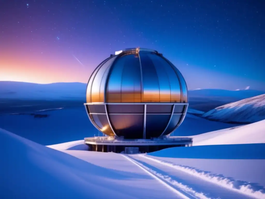 Un impresionante telescopio de neutrinos en un paisaje remoto y nevado, con un ambiente futurista