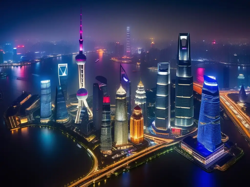 Una impresionante vista nocturna del moderno horizonte de Shanghai, China, con sus icónicos rascacielos iluminados