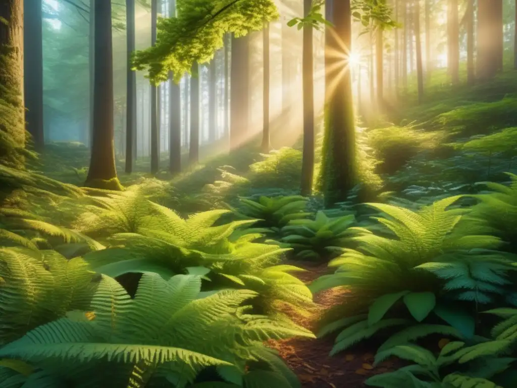 Un increíble bosque verde bañado en luz dorada muestra la belleza de la naturaleza en su forma más exquisita