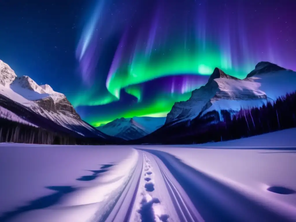 Un increíble espectáculo de auroras boreales verdes y moradas sobre un paisaje montañoso nevado