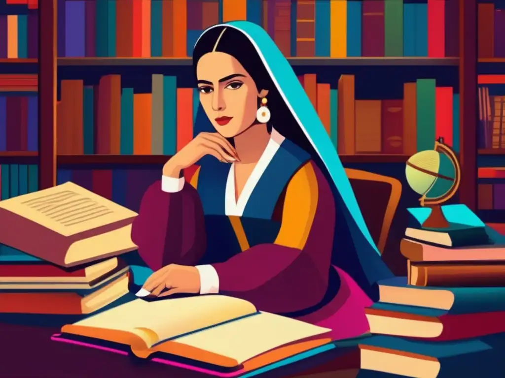 Sor Juana Inés de la Cruz en un cuadro digital moderno, rodeada de libros y papeles, sumergida en sus pensamientos