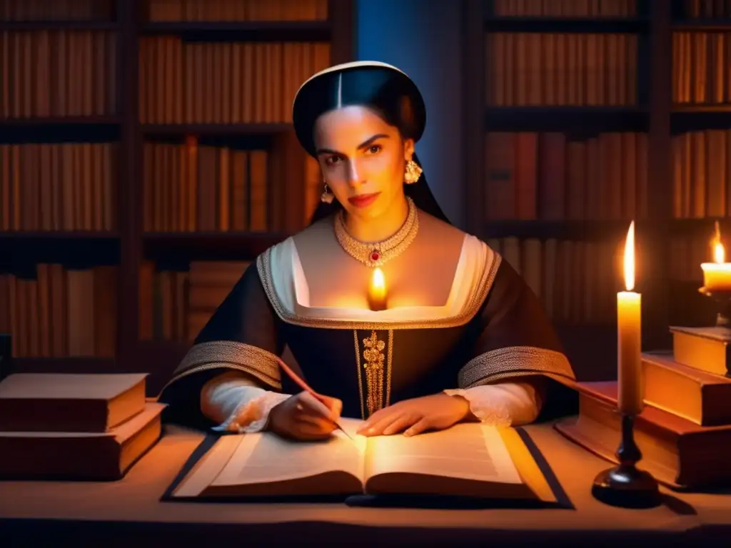 Sor Juana Inés de la Cruz, vestida con traje del siglo XVII, rodeada de libros, iluminada por la luz de las velas, retrata la importancia de la literatura femenina latinoamericana con su expresión contemplativa