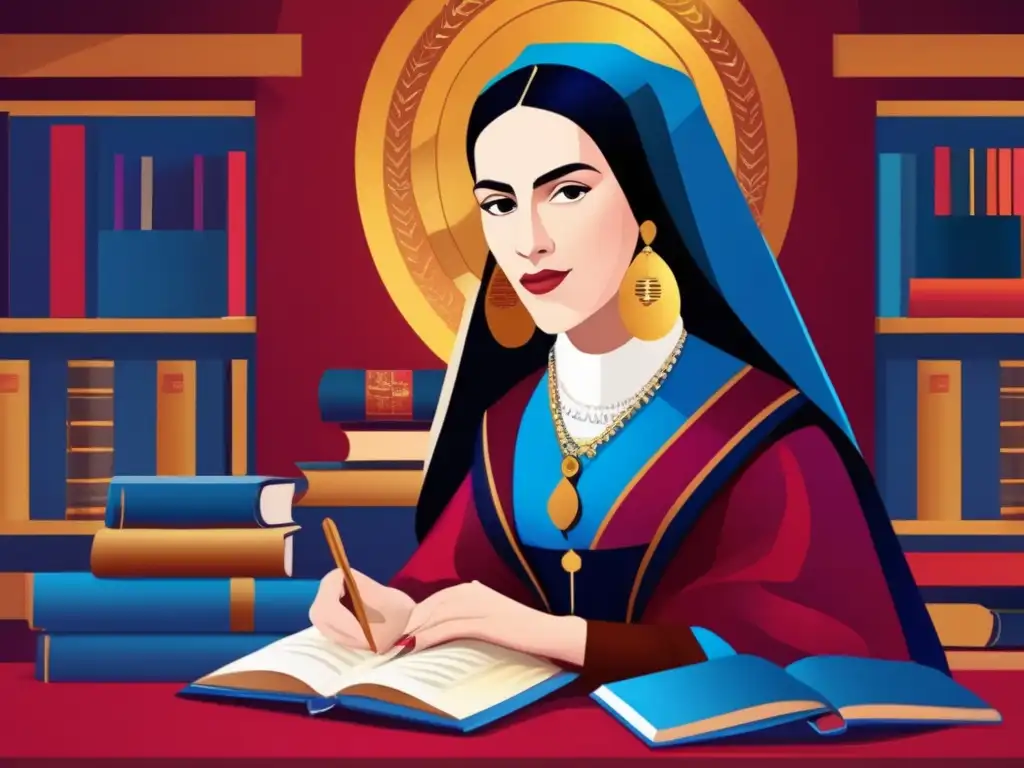 Sor Juana Inés de la Cruz, rodeada de libros y materiales de escritura, con una expresión reflexiva