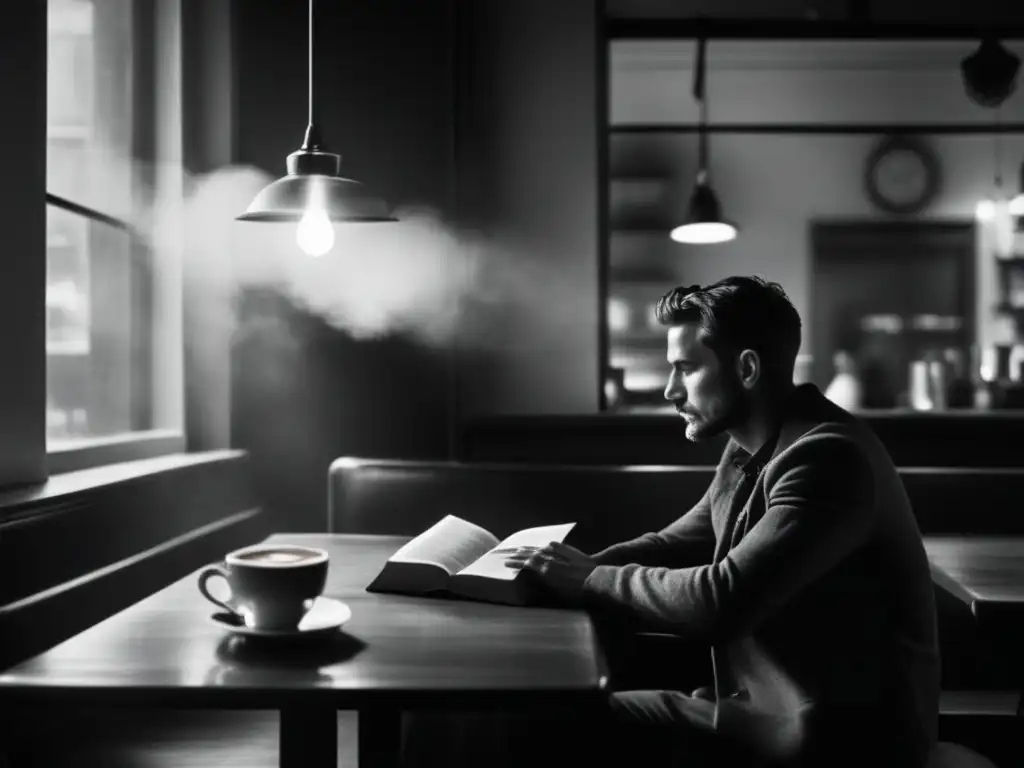 En el interior tenue de un café, un personaje solitario reflexiona, con una taza de café humeante y un libro abierto