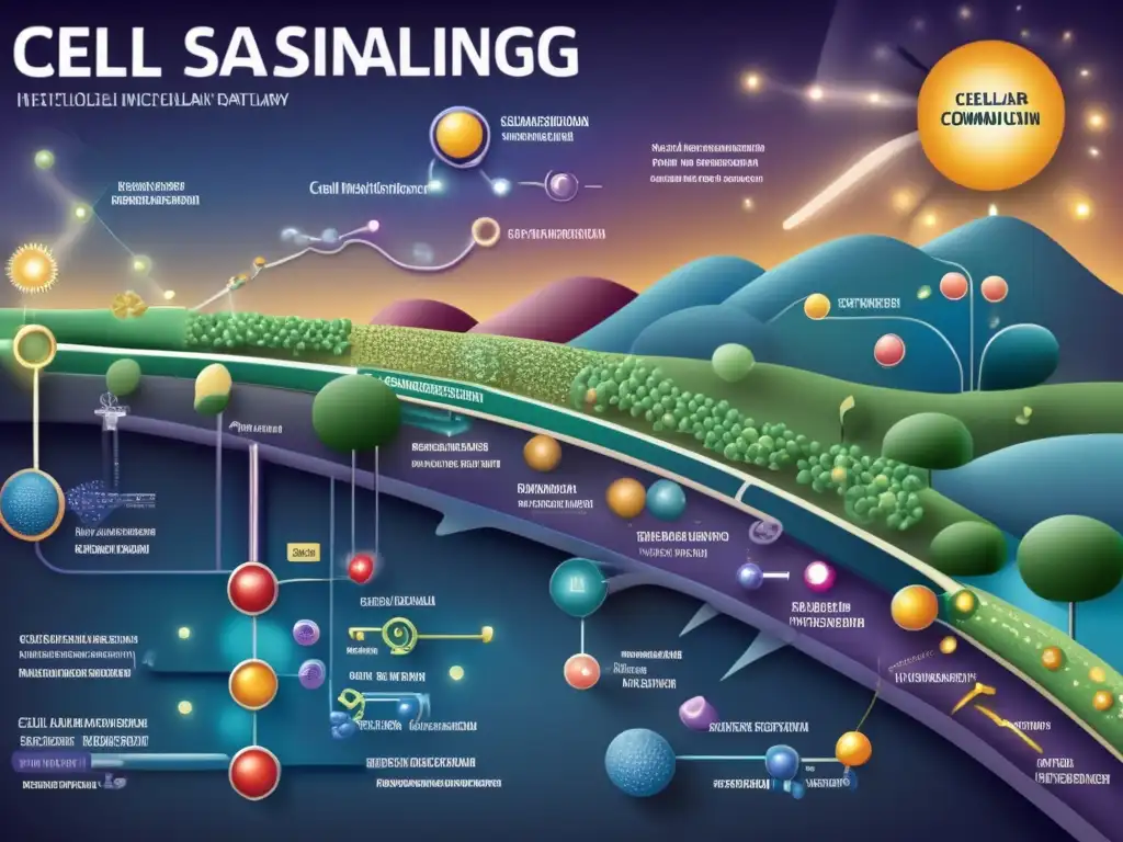 Un intrincado y vibrante mapa de señalización celular que destaca la complejidad y la importancia de la comunicación molecular