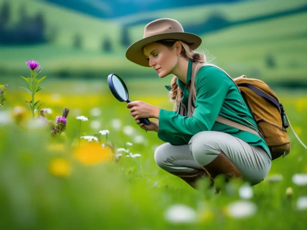 Un investigador de campo se agacha en un prado verde exuberante, sosteniendo una lupa