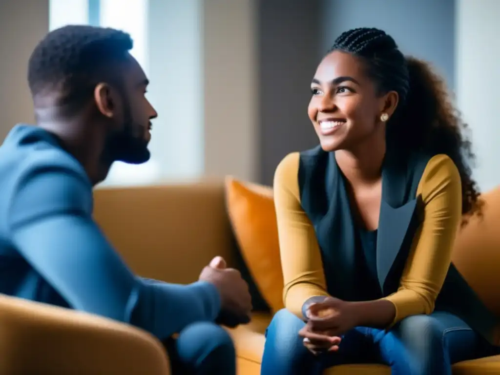 Un joven adulto y un mentor psicólogo tienen una conversación profunda en una habitación acogedora