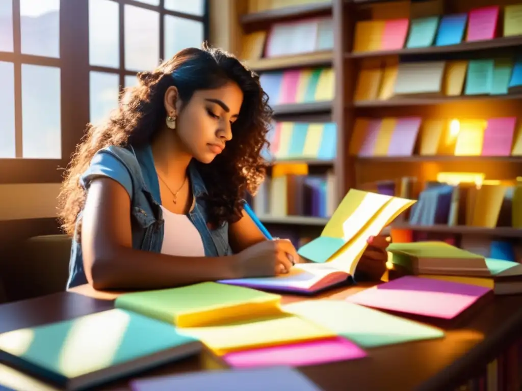 Una joven mujer latina escribe en su escritorio, rodeada de notas coloridas y libros