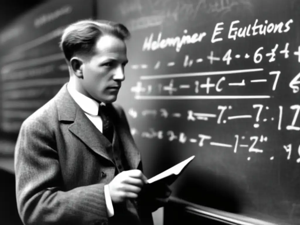 Un joven Werner Heisenberg escribiendo ecuaciones en una pizarra, con un aura de determinación e intelecto