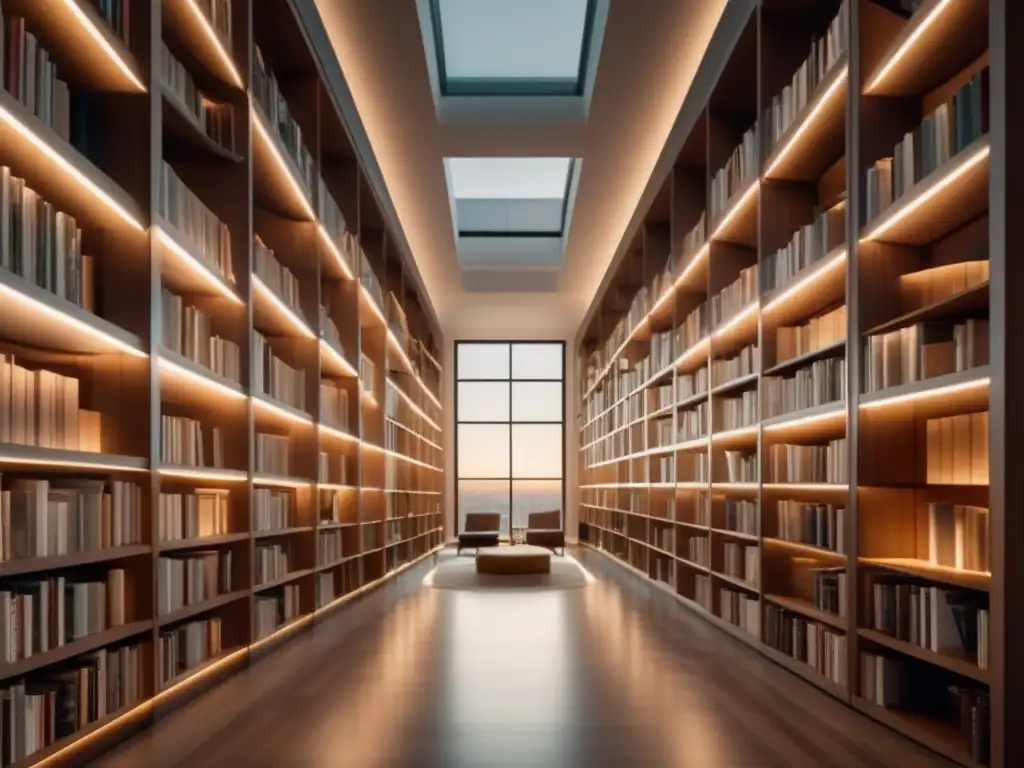 Un laberinto literario de elegancia intelectual: una biblioteca moderna y minimalista repleta de libros, iluminada por luz natural