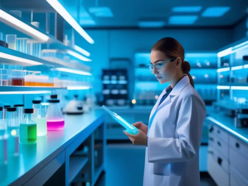 Un laboratorio de alimentos futurista y vibrante, lleno de equipos de bioquímica de última generación