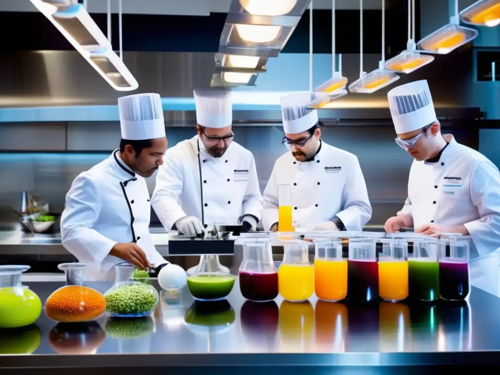 Un laboratorio de cocina de gastronomía molecular moderna, donde la química orgánica se fusiona con la creatividad culinaria