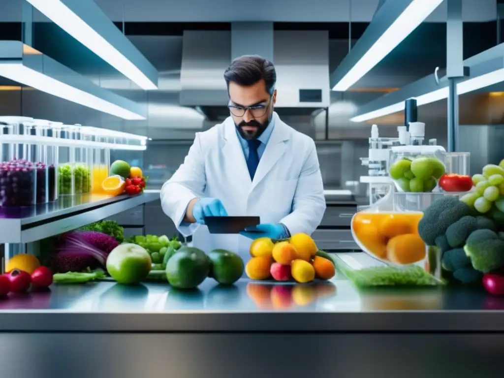 Un laboratorio culinario moderno y vibrante, donde alimentos se analizan con precisión química