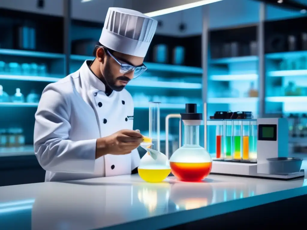 Un laboratorio de gastronomía molecular en alta definición, con diseño moderno y elementos futuristas