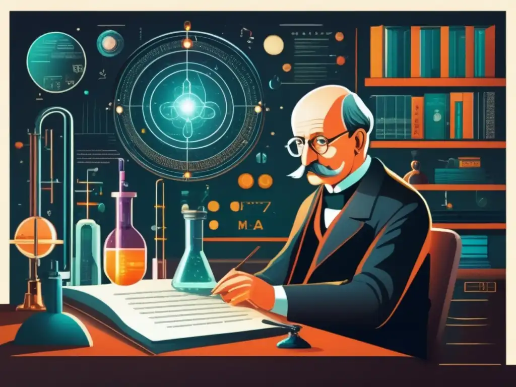 En su laboratorio, Max Planck estudia ecuaciones cuánticas y documentos científicos, reflejando su espíritu pionero