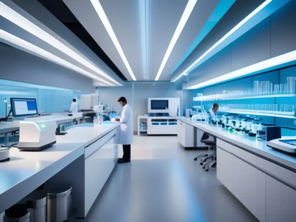 Un laboratorio futurista de alta tecnología, con científicos en batas blancas realizando experimentos de bioquímica