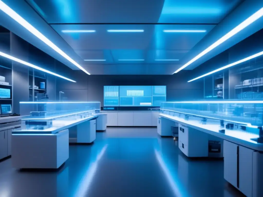 Un laboratorio futurista con iluminación azul suave muestra científicos en batas blancas realizando investigaciones genéticas avanzadas