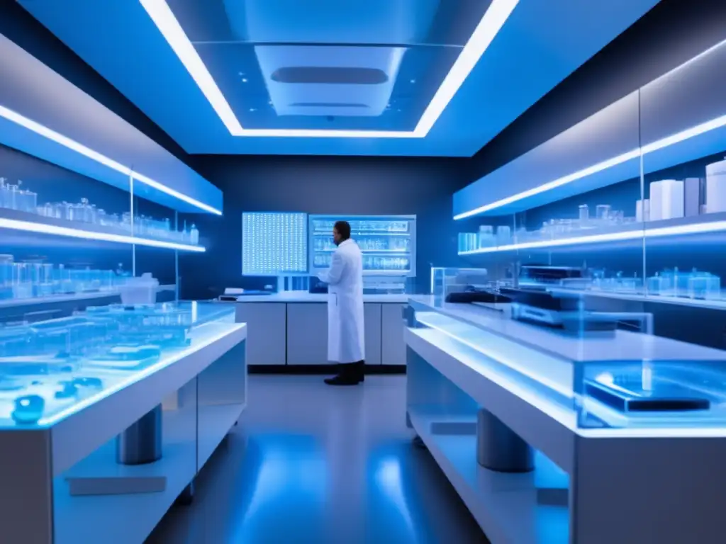 Un laboratorio futurista bañado por luces LED azules y blancas