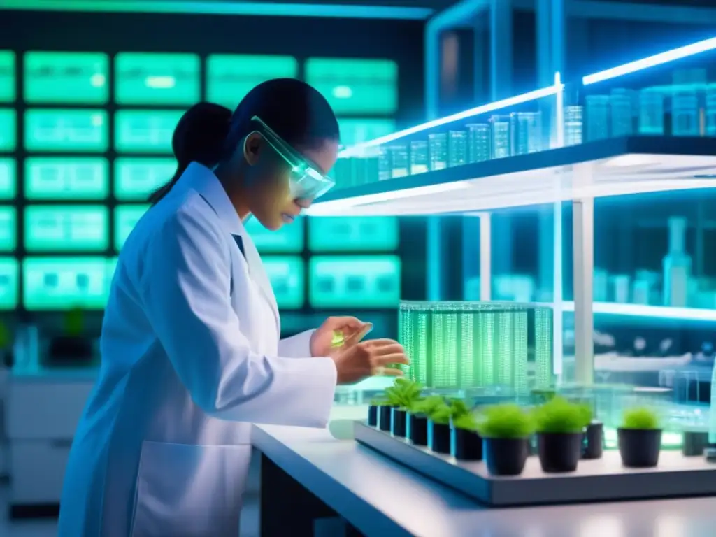 En un laboratorio futurista, un científico en bata blanca manipula hebras de ADN entre plantas bioluminiscentes