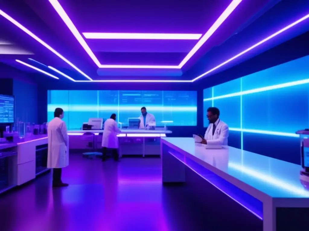 En un laboratorio futurista, científicos realizan experimentos de terapia génica bajo luces de neón