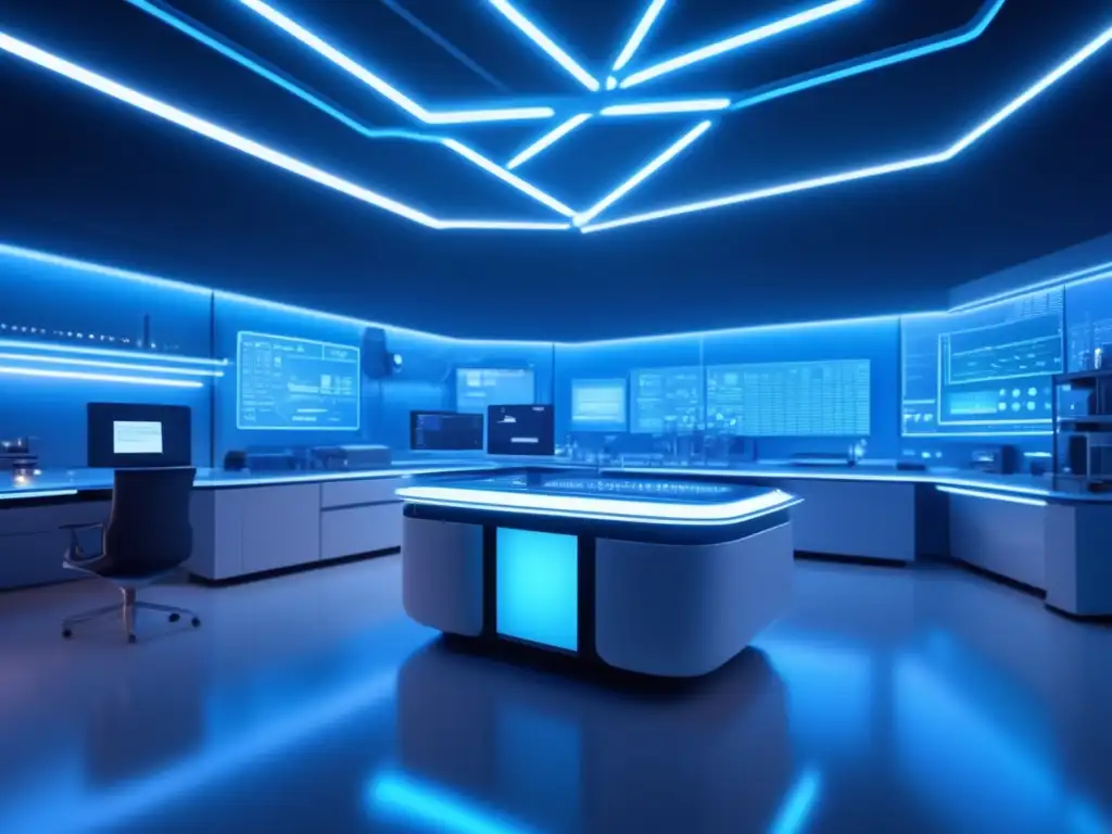 Un laboratorio futurista de alta tecnología para modelado molecular- En un laboratorio futurista, científicos manipulan moléculas virtuales con precisión en estaciones de trabajo modernas