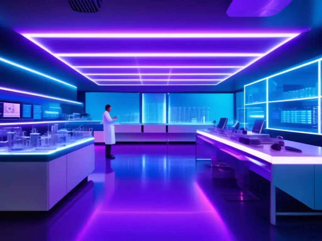 Un laboratorio futurista con científicos trabajando en tecnología de edición genética avanzada, bajo luces neón azules y moradas