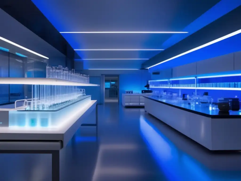 Un laboratorio futurista y envolvente, iluminado en un suave azul, muestra los beneficios de la Química Ambiental