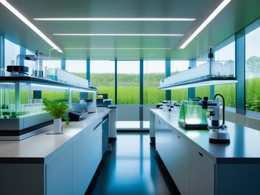 Un laboratorio futurista, iluminado por una suave luz natural, muestra el impacto de las innovaciones en Química Ambiental sostenible